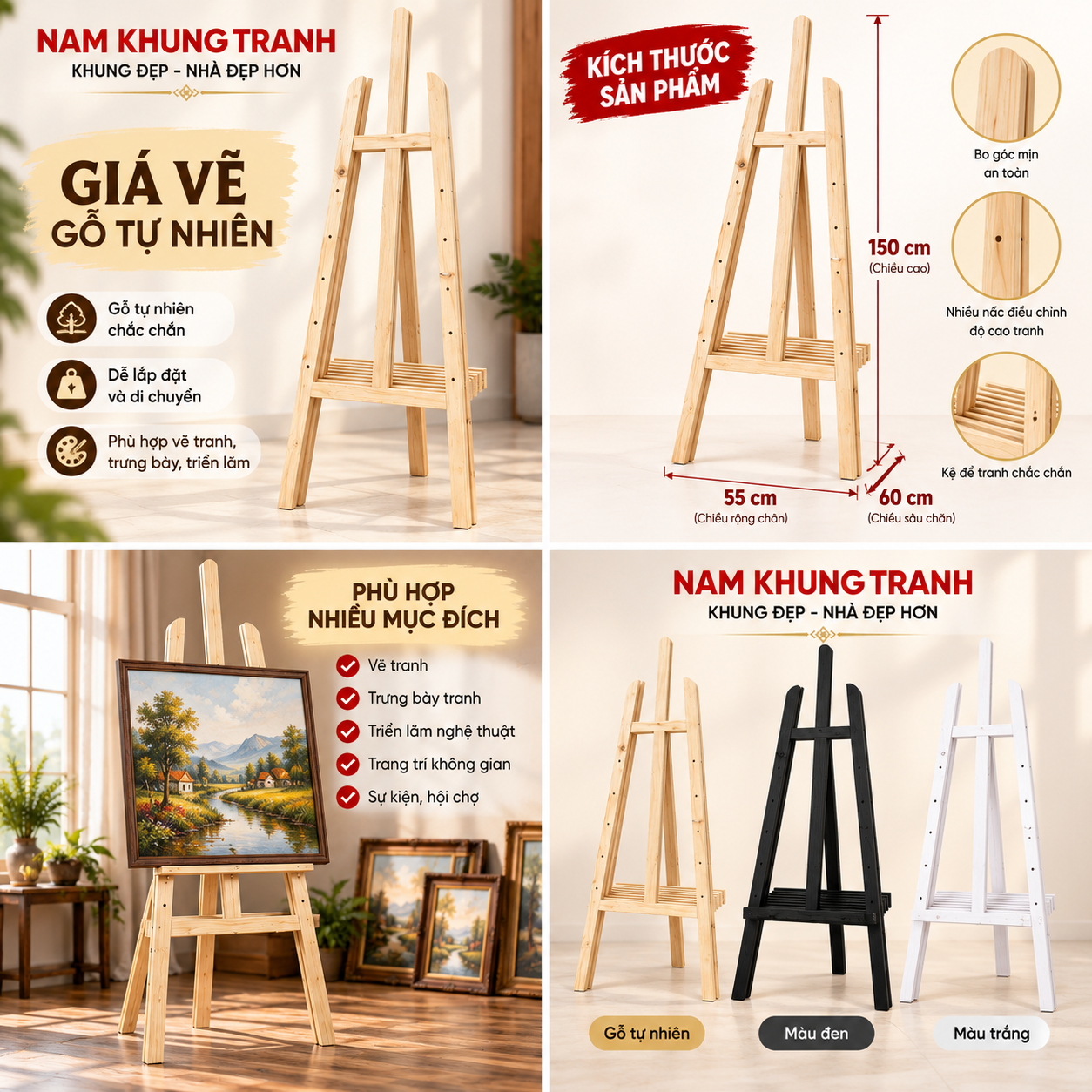 Chi tiết giá vẽ tranh bằng gỗ cao 150cm