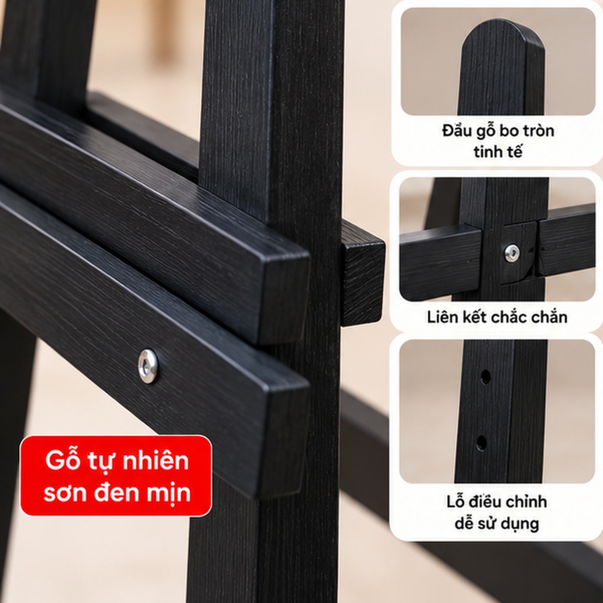 Chi tiết giá vẽ tranh sơn đen cao 150cm