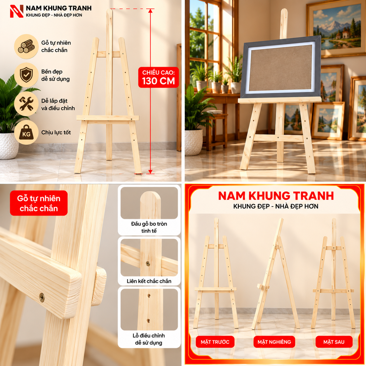 Giá vẽ tranh bằng gỗ cao 130cm của Nam Khung Tranh