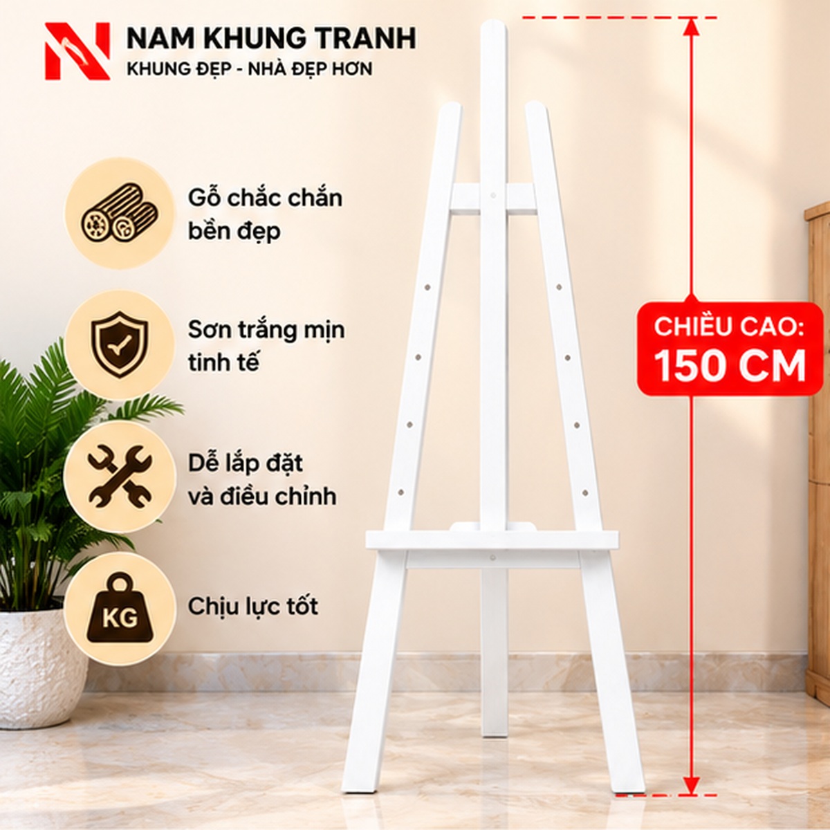 Giá vẽ tranh sơn trắng cao 150cm của Nam Khung Tranh